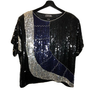 Vintage JLB Silk Sequin Blouse Size Medium Black Silver Blue Top 80s Eras Tour